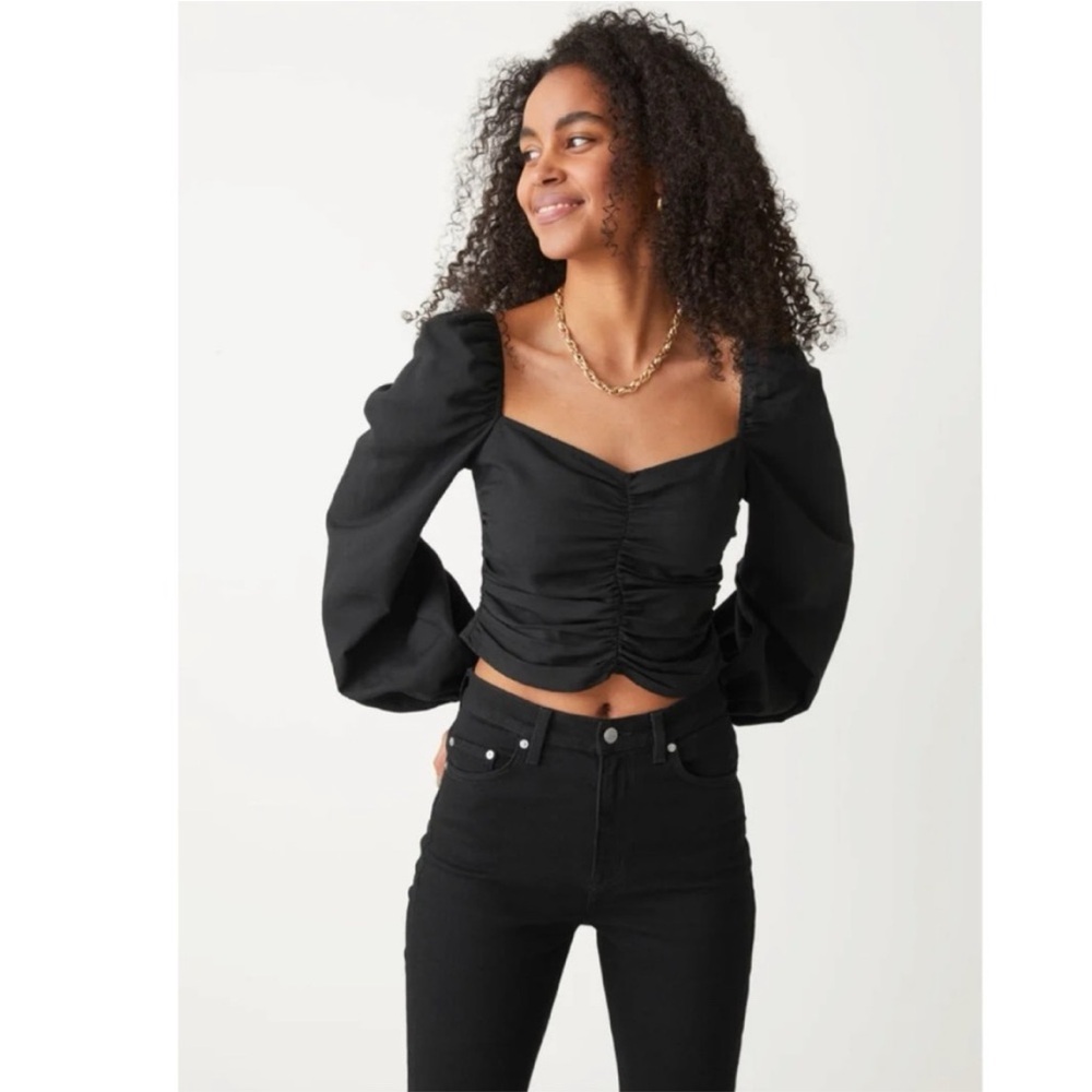 & Other Stories Black Linen Blend Crop Puffed Sleeves sweetheart Neck Shirt Sz 4